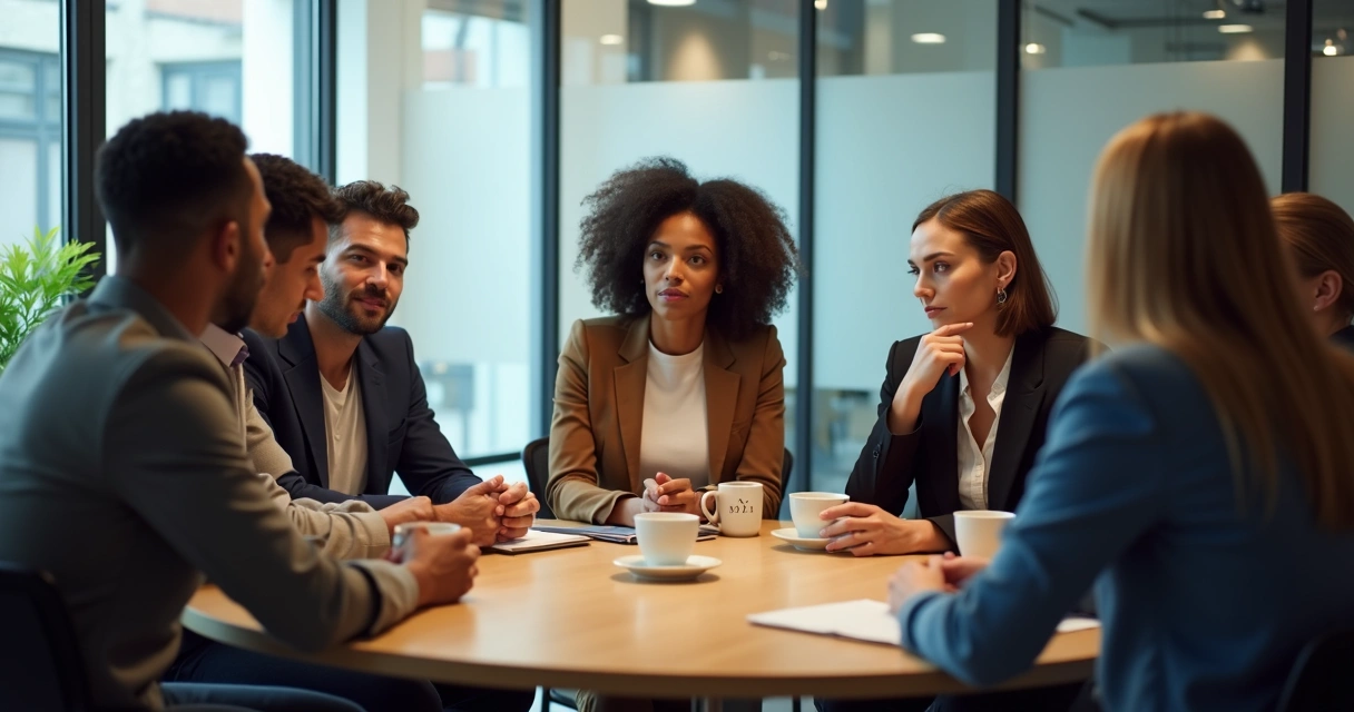 Grupo de pessoas sentadas em círculo discutindo decisões. 