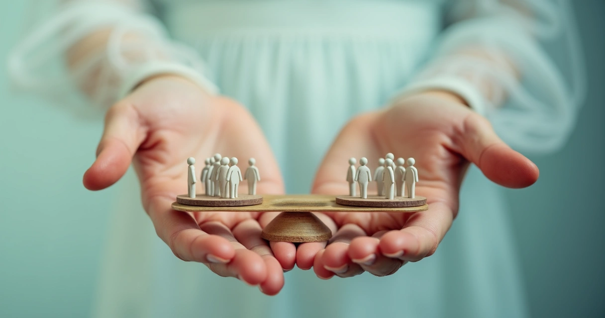 Mão segura uma balança com pessoas nos dois pratos, fundo suave