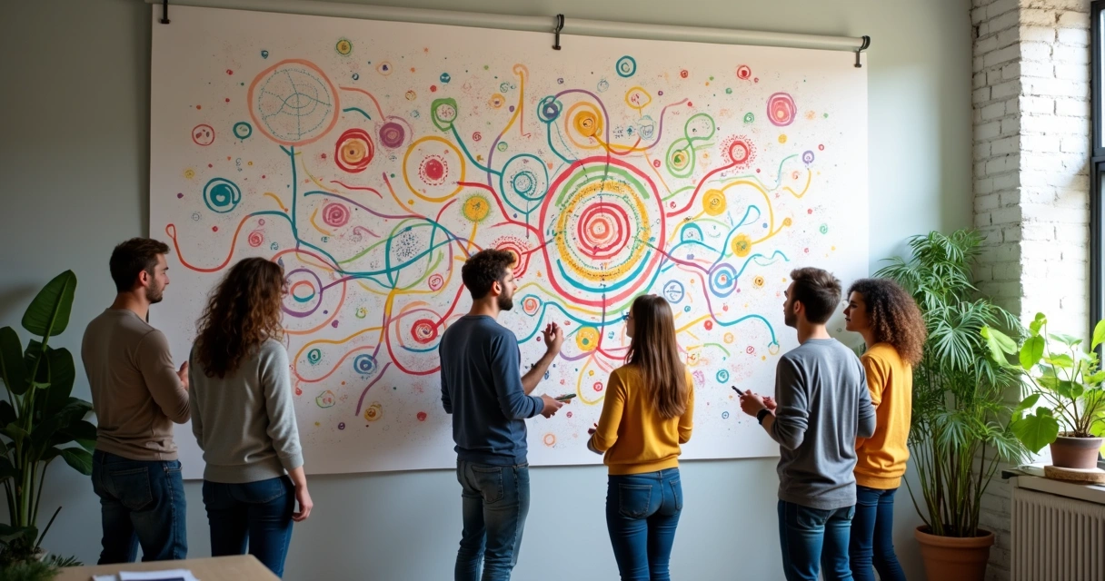 Varias personas conectan líneas entre círculos en mural