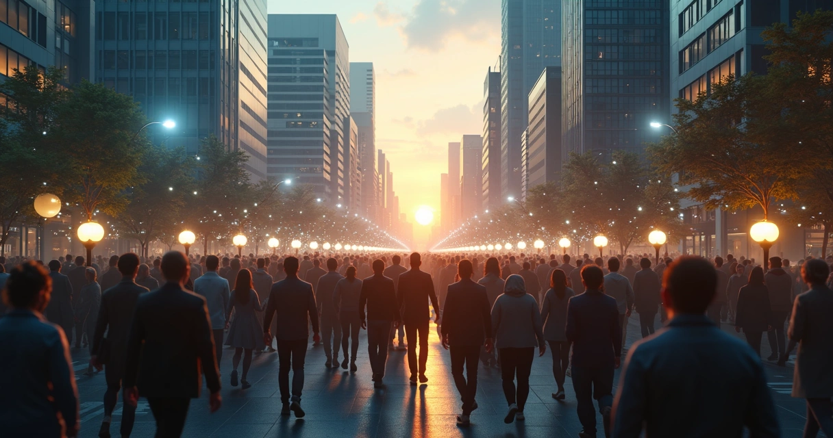 Multitud conectada por redes de luz que simbolizan decisiones inconscientes e impacto social 