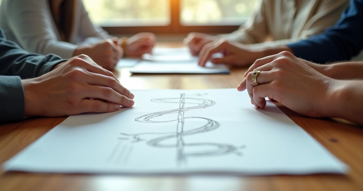 Mãos sobre uma mesa analisando opções de decisão ética