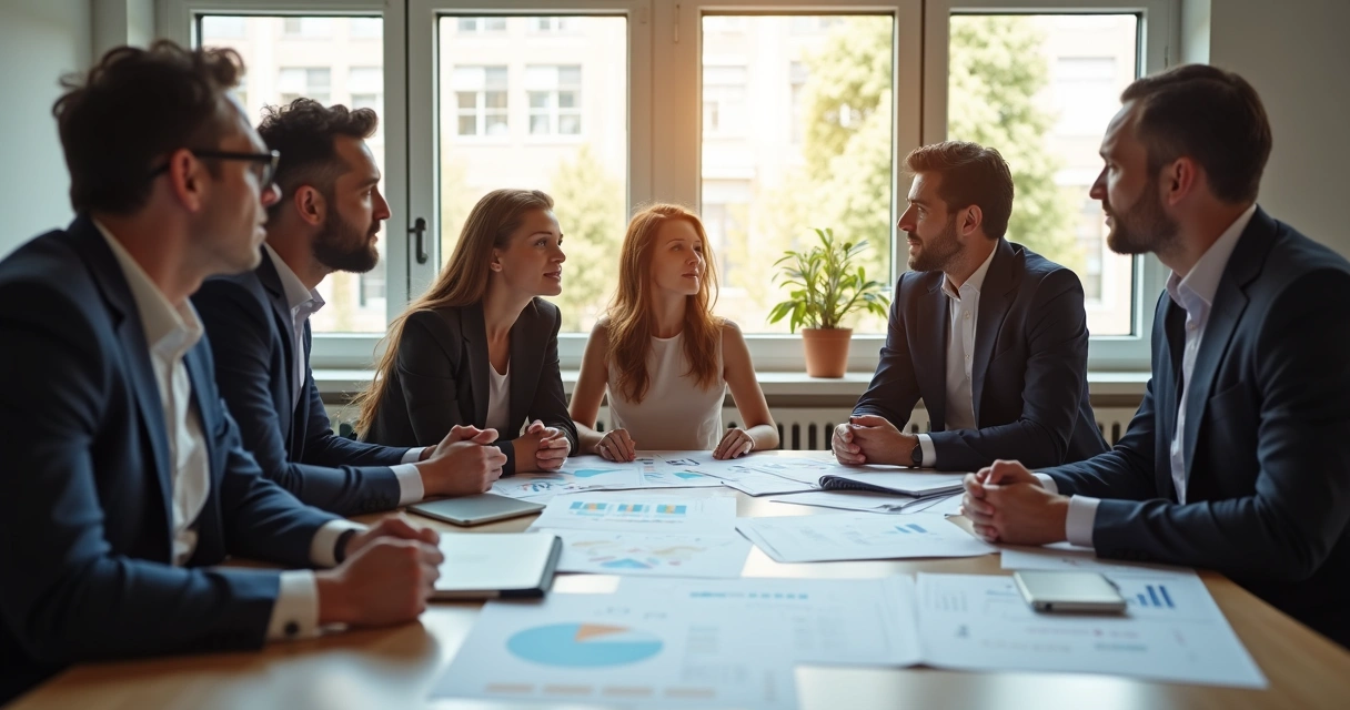 Equipe reunida ao redor de mesa discutindo impactos de decisões