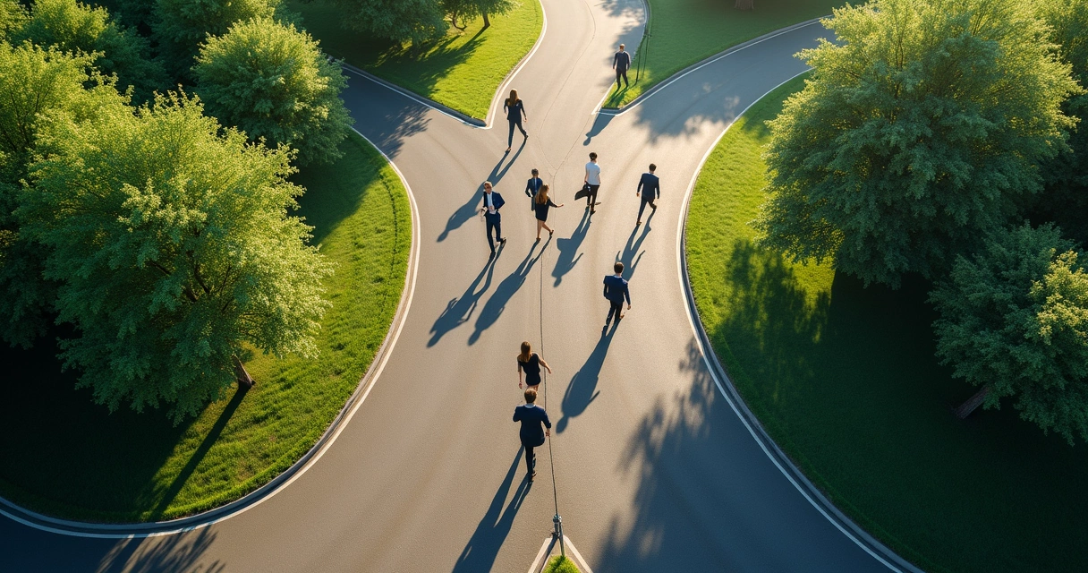 Dois caminhos divergentes em uma estrada, vista aérea, com pessoas caminhando em direções opostas 