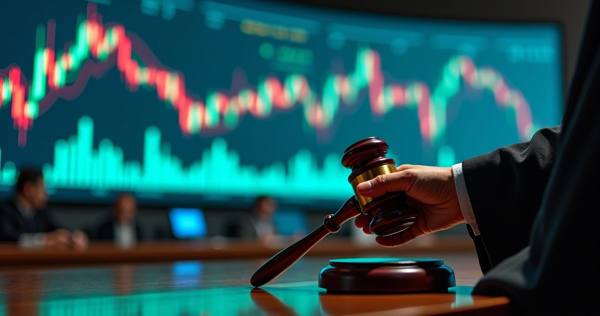 Juiz segurando martelo à frente de gráficos financeiros em queda e alta 