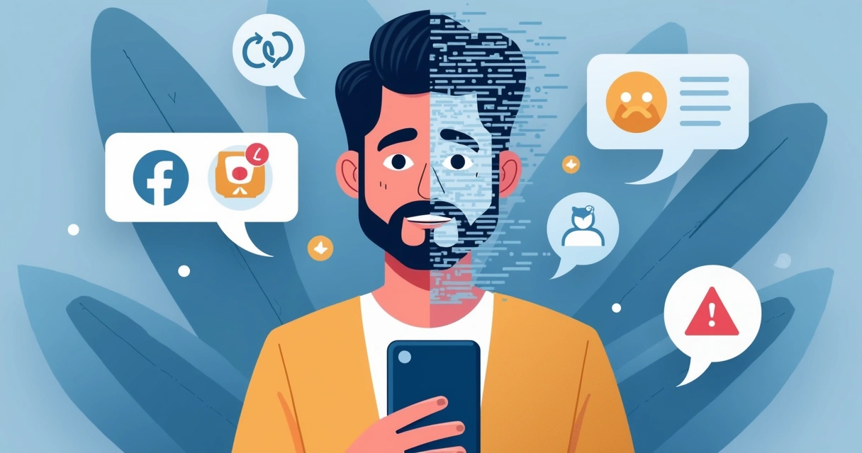 Homem com rosto parcialmente distorcido por efeito digital, representando deepfake em redes sociais 