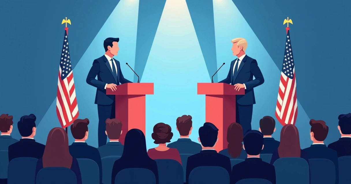 Debate político com dois candidatos e plateia atenta