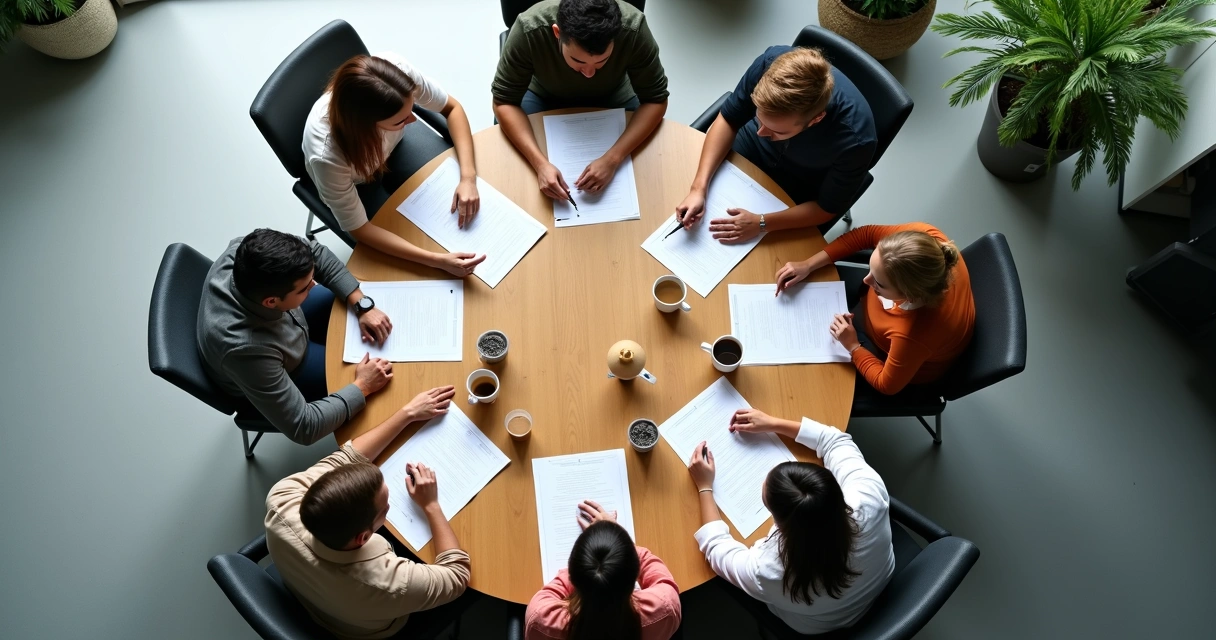 Colaboradores em reunião diversa, discutindo ideias em mesa redonda 