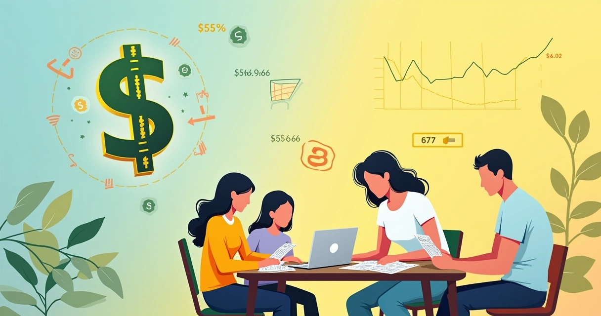 Ilustração mostrando o impacto do dólar no bolso do brasileiro, com família, gráficos e contas. 