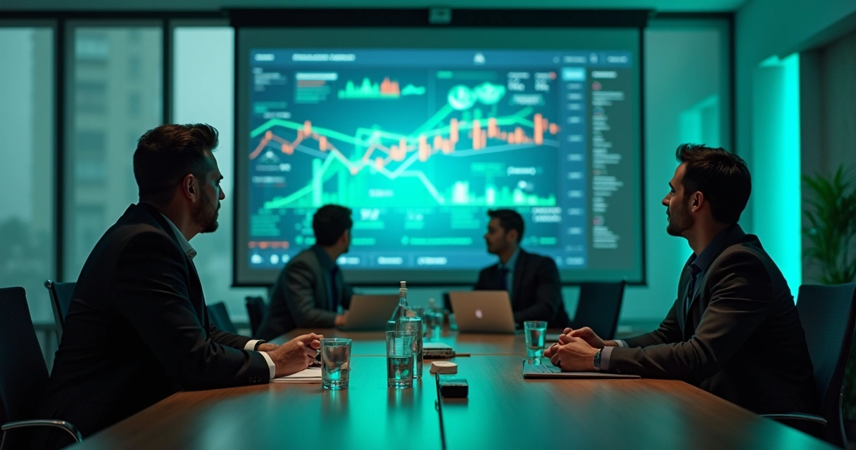 Executivos analisando resultados de aprendizagem digital em gráficos na tela 