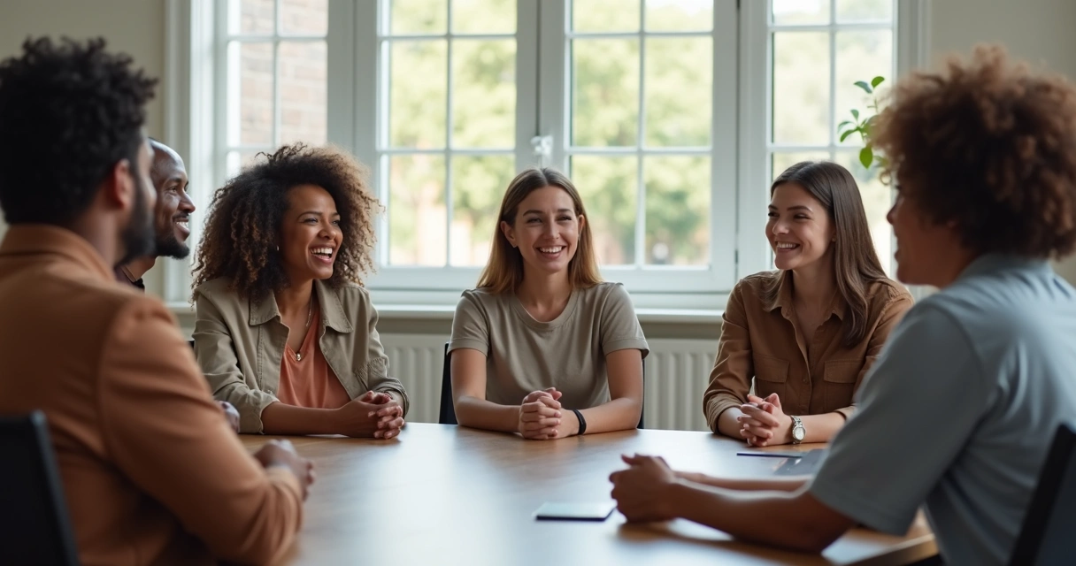 Grupo de personas sentadas en círculo interactuando con emociones variadas 