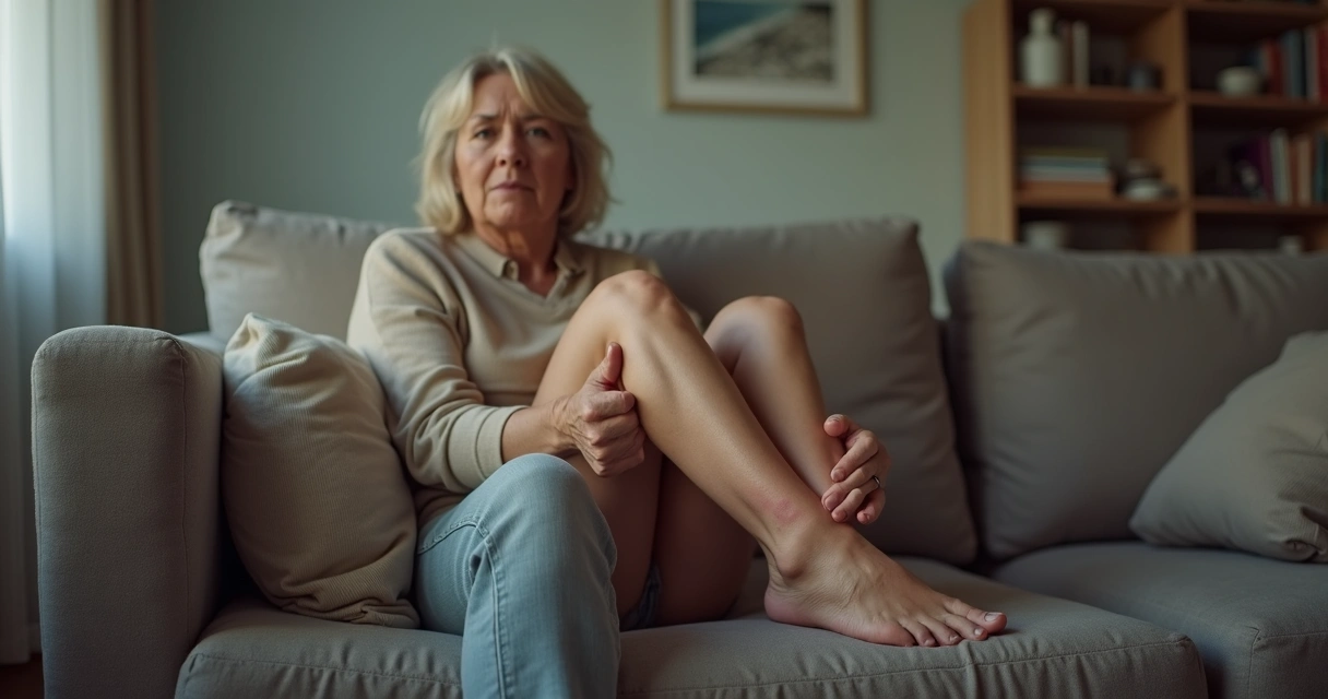 Mulher sentada olhando as próprias pernas, expressão de preocupação 