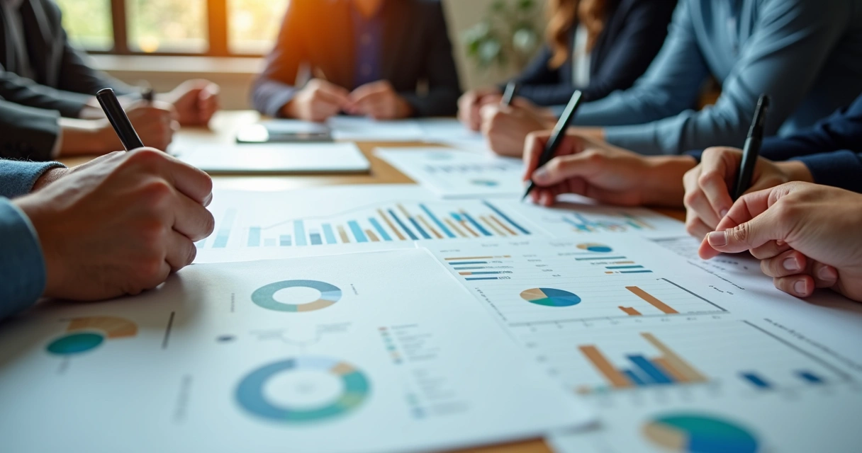 Manos sobre mesa con gráficos económicos y patrones de emociones