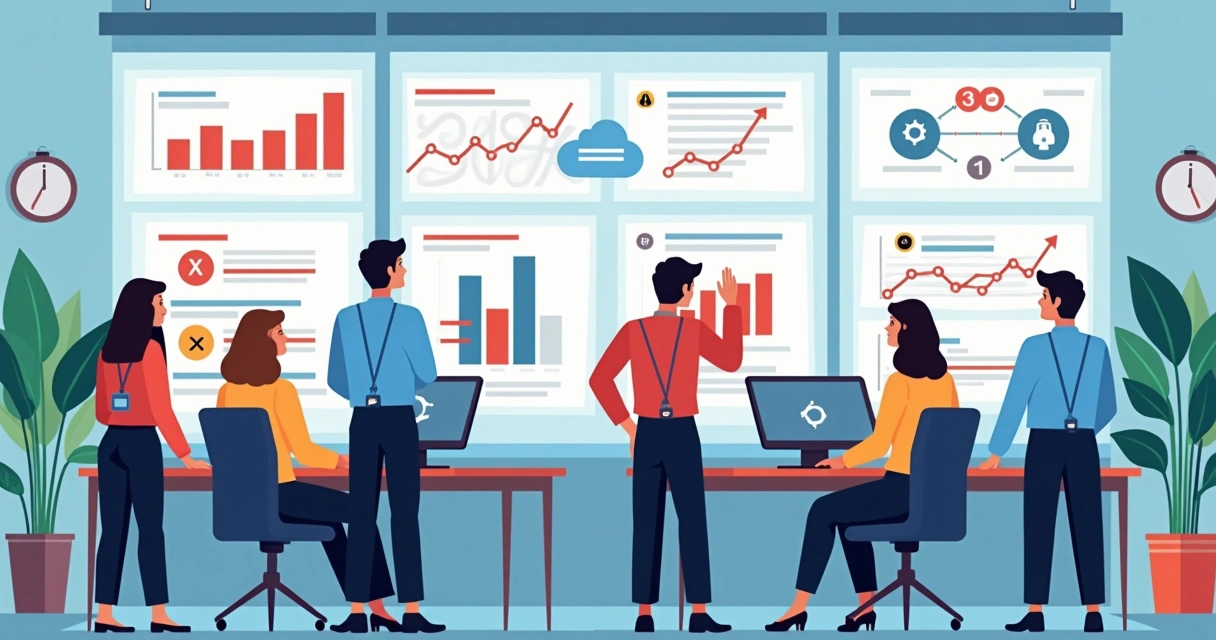 Equipe de TI analisando painéis de controle com erro 