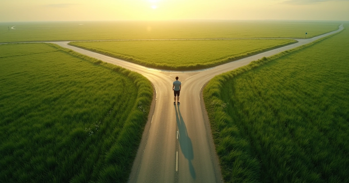 Duas estradas se dividindo em um campo verde com profissional parado no centro 