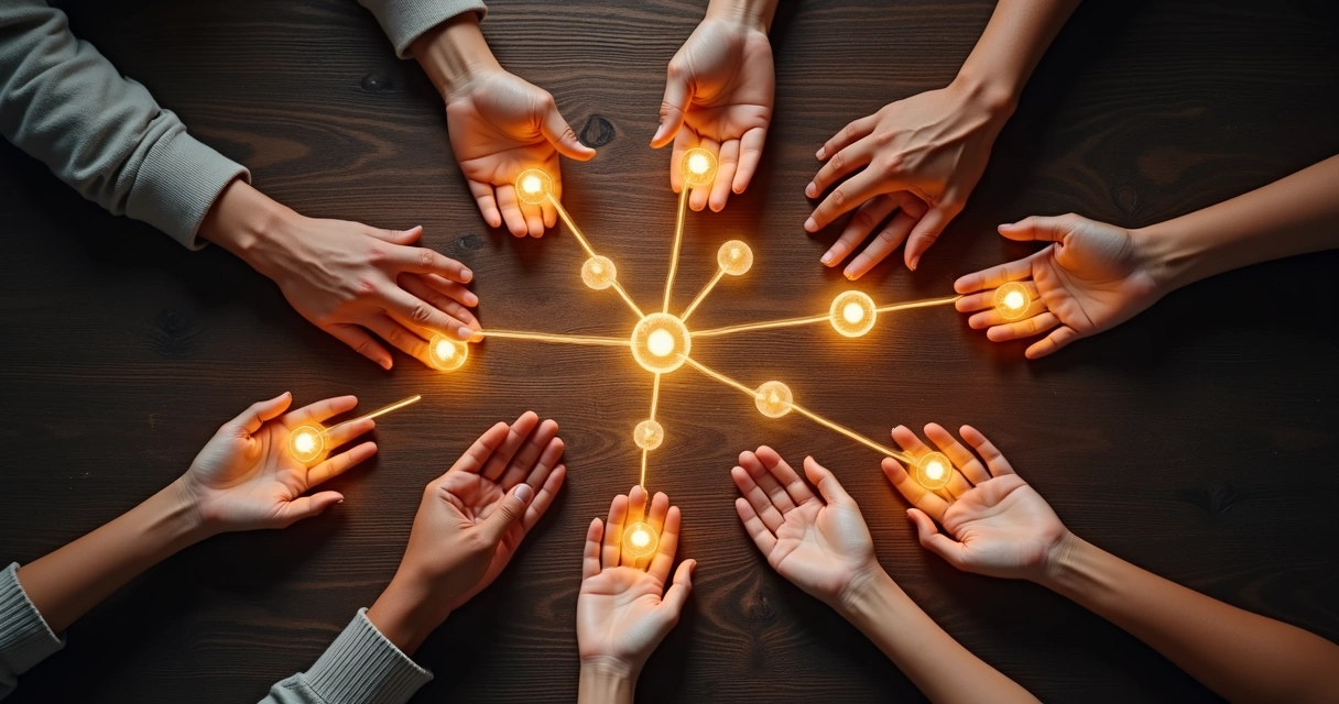 Várias mãos tocando círculos conectados que representam impacto coletivo 