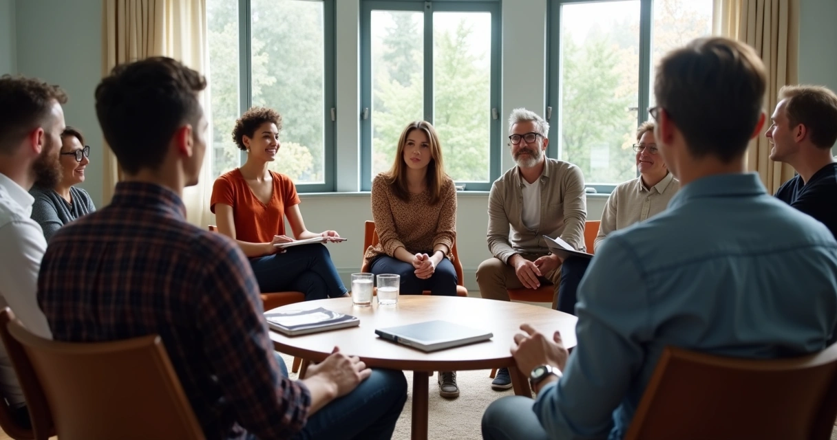 Grupo de pessoas sentadas em círculo, discutindo e compartilhando experiências sobre escolhas e seus impactos