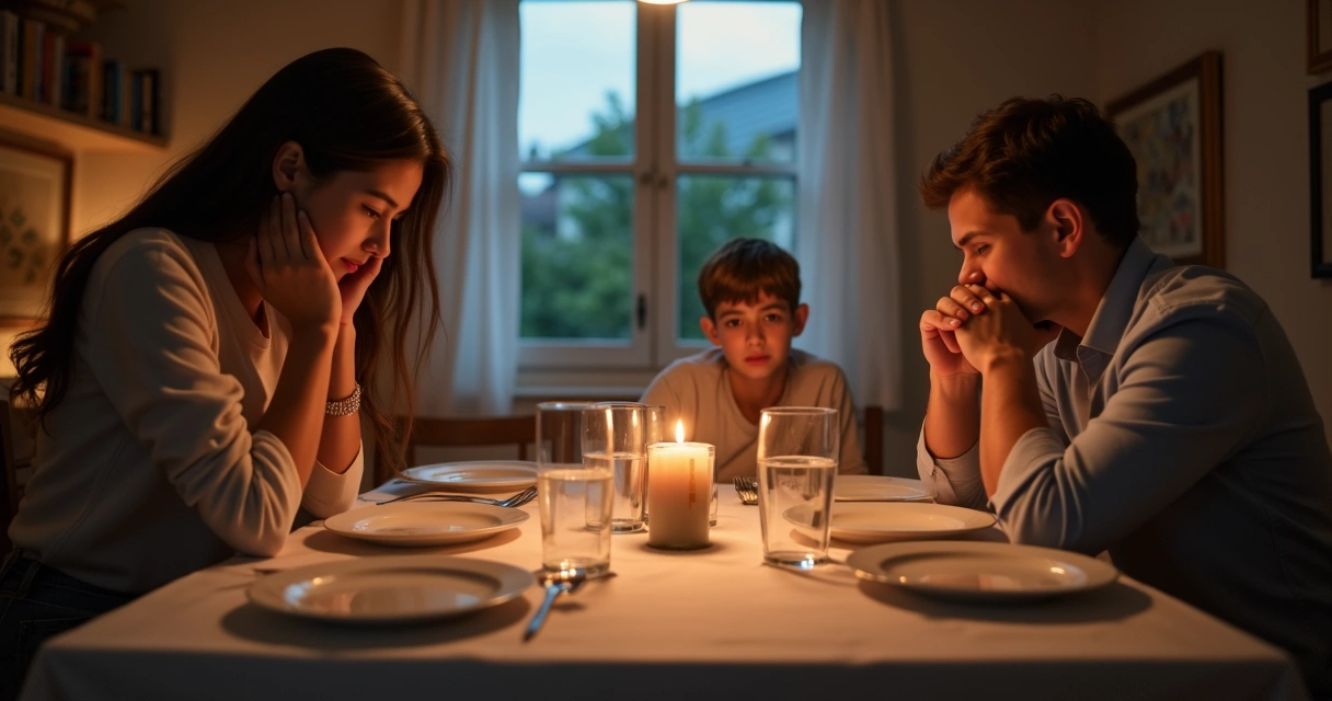 Família sentada à mesa durante o jantar, todos em silêncio, olhares desviados, evidenciando desconexão emocional e impacto invisível nas relações 