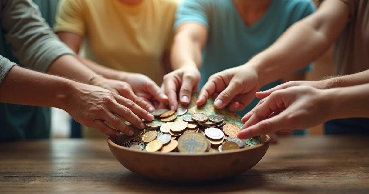 Diferentes pessoas unindo moedas e notas de real com símbolos de impacto social ao fundo. 