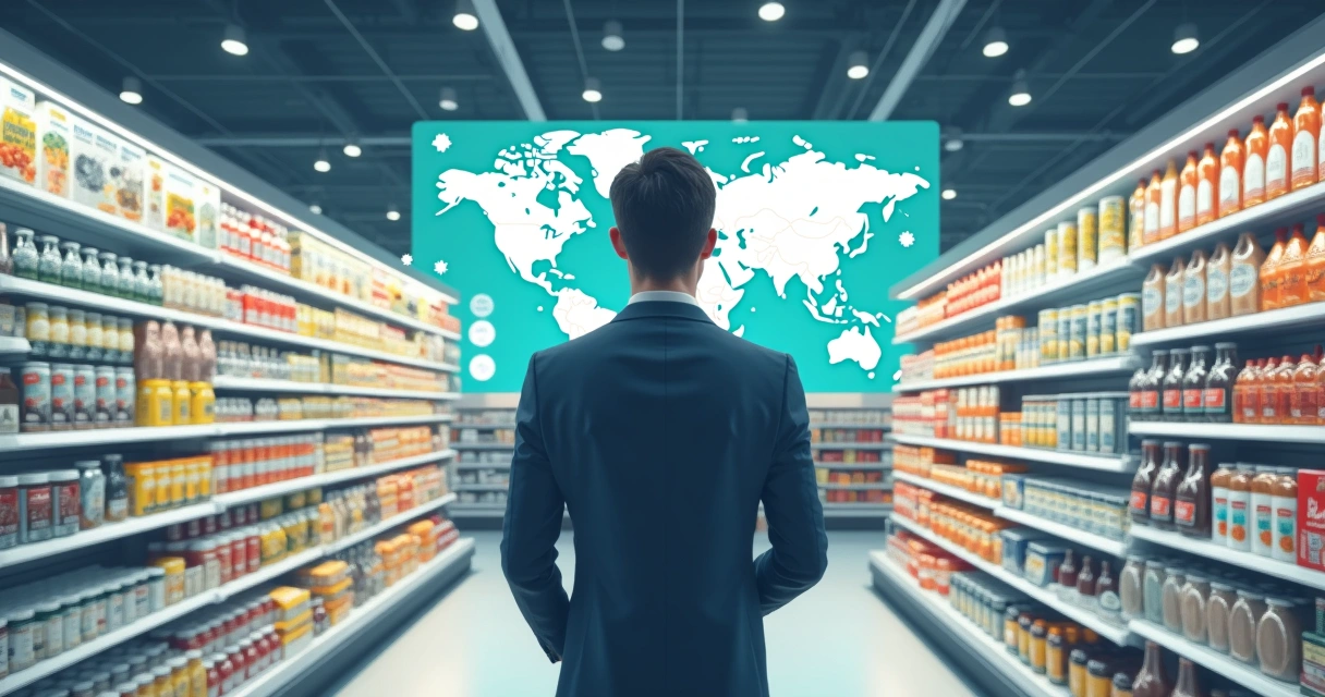 Pessoa escolhendo produto com mapas e linhas conectando diversos países 
