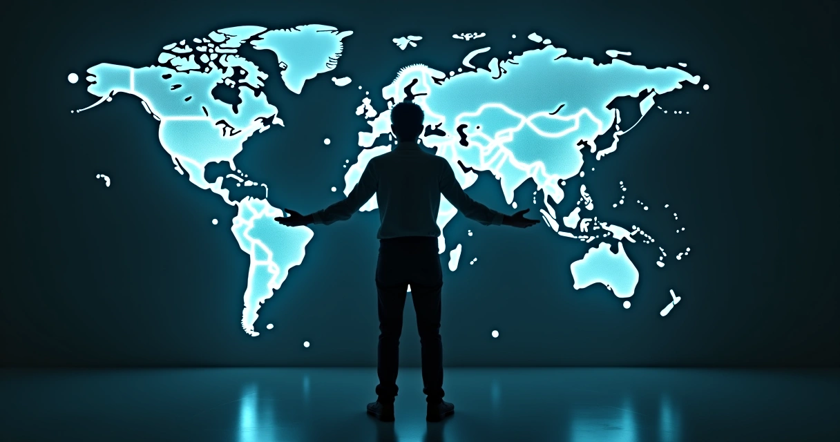 Pessoa em pé diante de mapa-múndi luminoso com conexões globais 