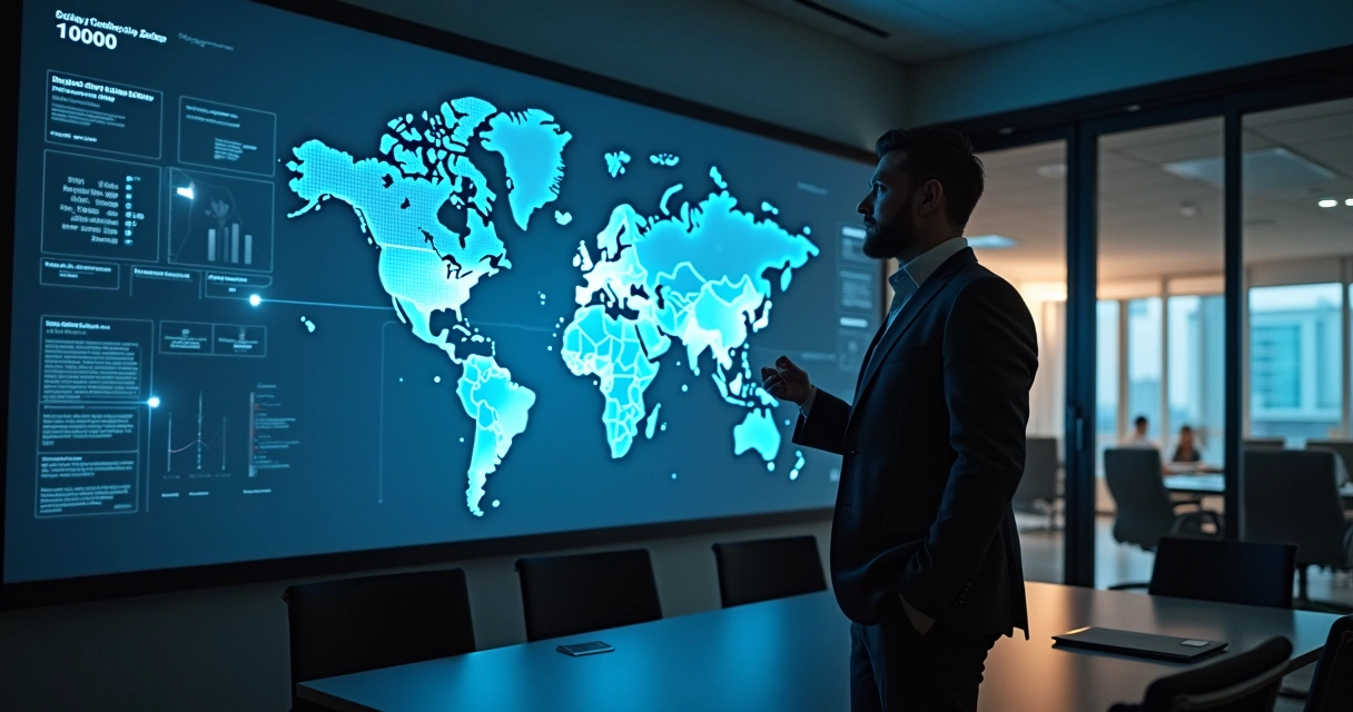 Executivo observando tela com conexão de negócios mundiais 