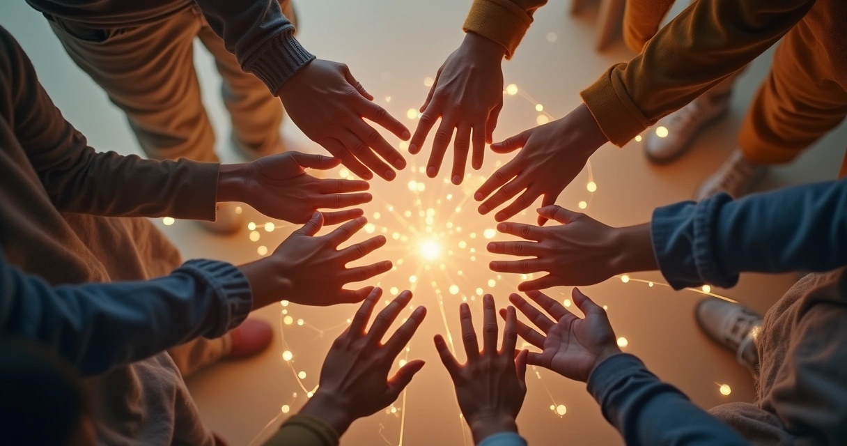 Rede de pessoas conectadas, linhas brilhantes mostrando impacto humano 