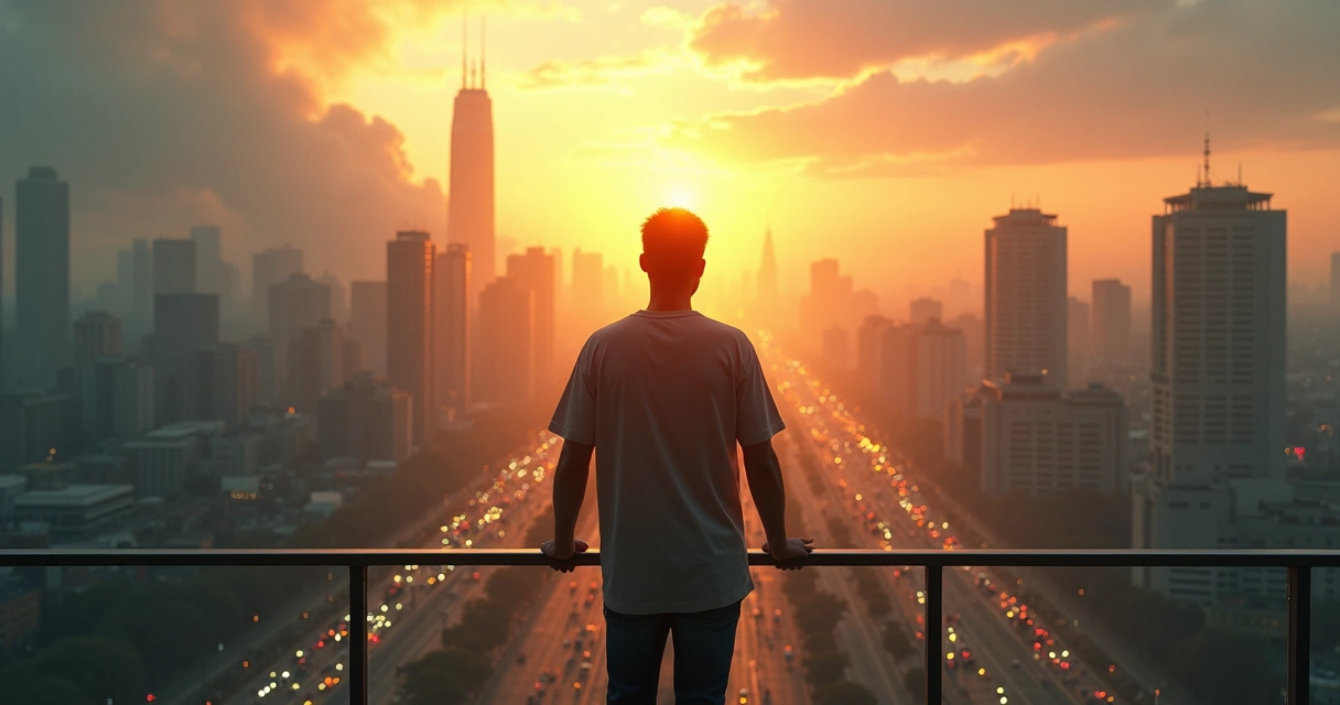 Persona observando una ciudad dividida entre destrucción y cooperación 