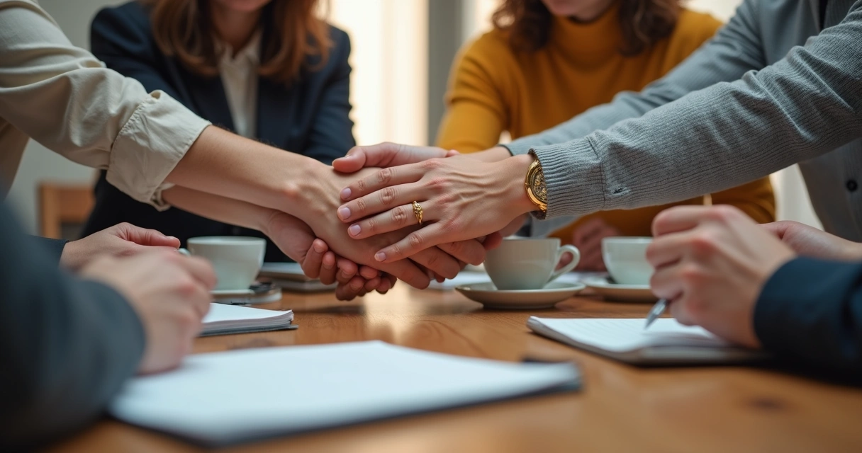 Colaboradores de empresa com mãos unidas sobre uma mesa de reuniões 