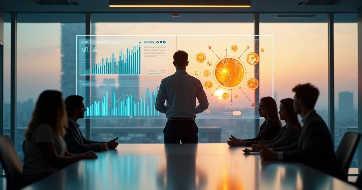 Executivo observa painel digital que combina gráficos de pessoas e indicadores humanos 