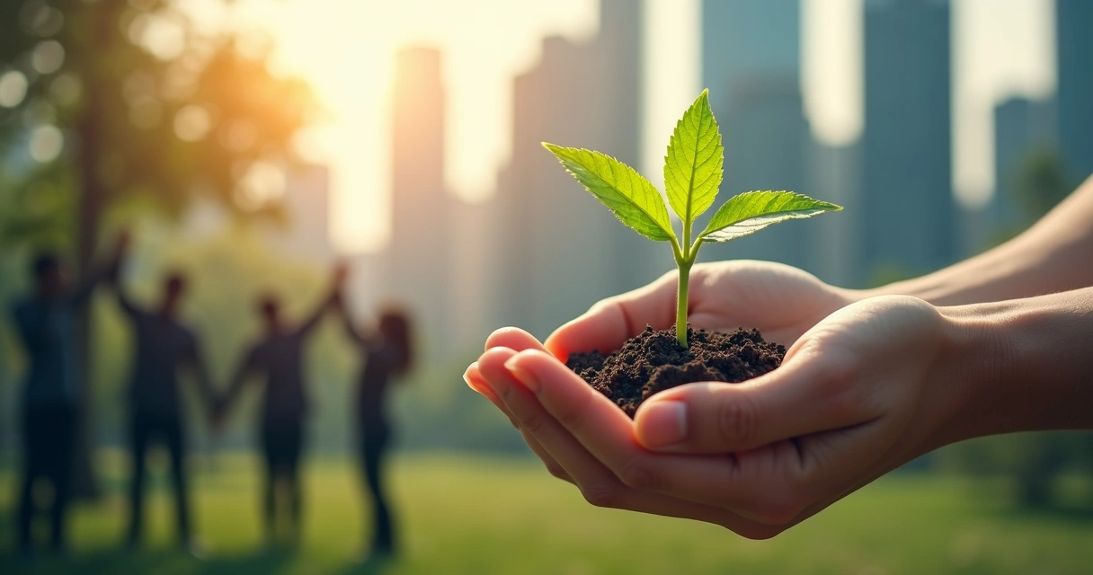 Duas mãos segurando planta crescendo, prédios ao fundo com pessoas unidas 
