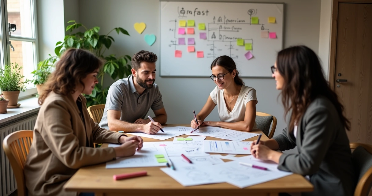 Equipo pequeño analizando impacto humano con tableros y post its en oficina acogedora 