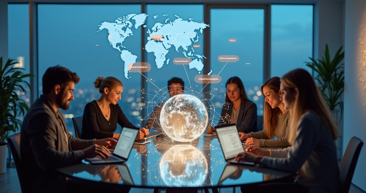 Pessoas conectadas em rede global com balões de fala em vários idiomas 