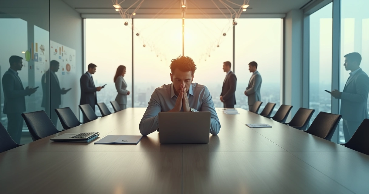 Líder pensativo cercado por silhuetas desfocadas representando fatores invisíveis no ambiente de trabalho 