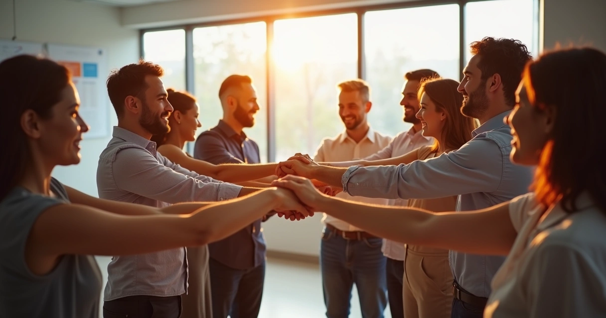 Grupo diversificado de pessoas em ambiente empresarial conectando mãos no centro compartilhando energia 