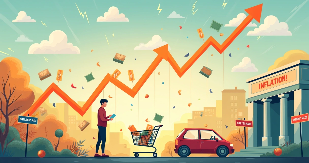 Gráfico de inflação com itens do dia a dia e pessoas preocupadas, mostrando o impacto financeiro da inflação.