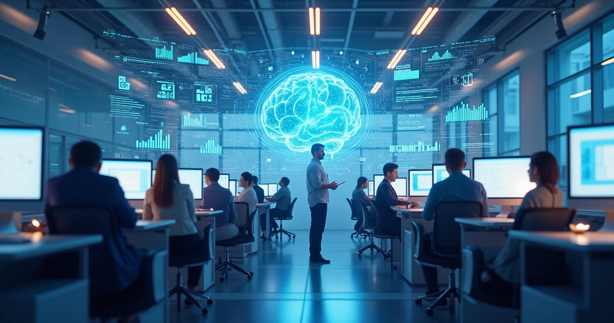 Integração de IA em processos empresariais com gráficos de performance 