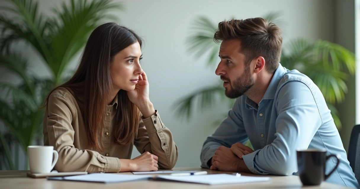 Duas pessoas conversando com expressões diferentes, uma calma e outra surpresa. 