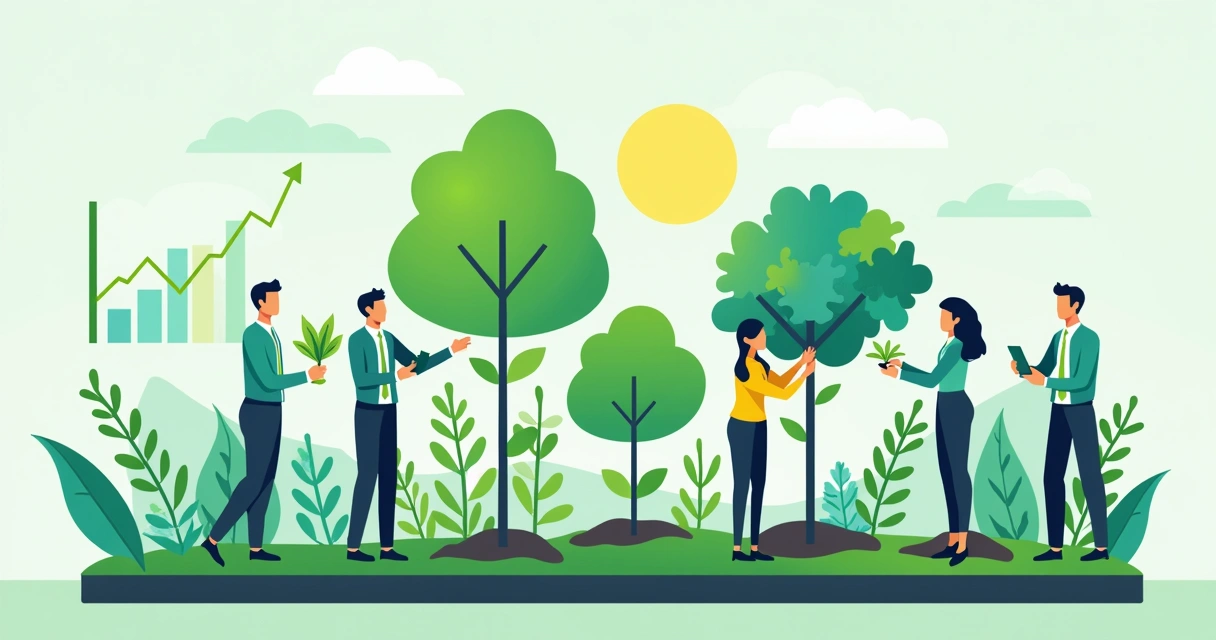 Ilustração de negócios sociais e sustentabilidade com gráficos, plantas crescendo e ícones de inovação 