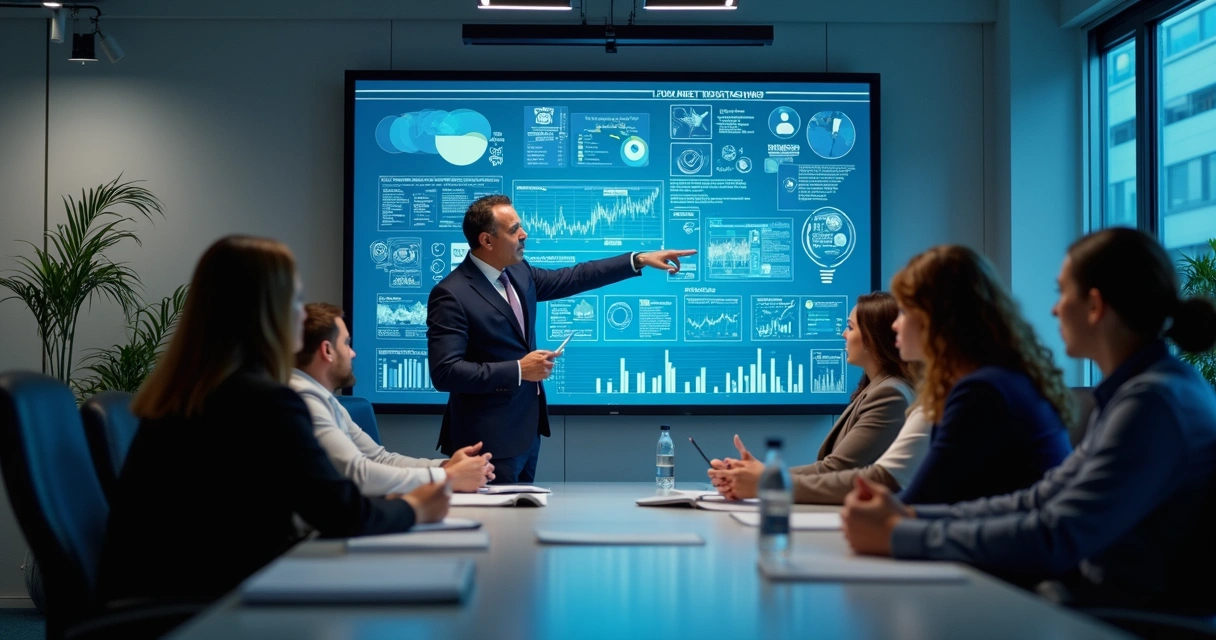 Situação de escritório com pessoas analisando gráficos digitais 