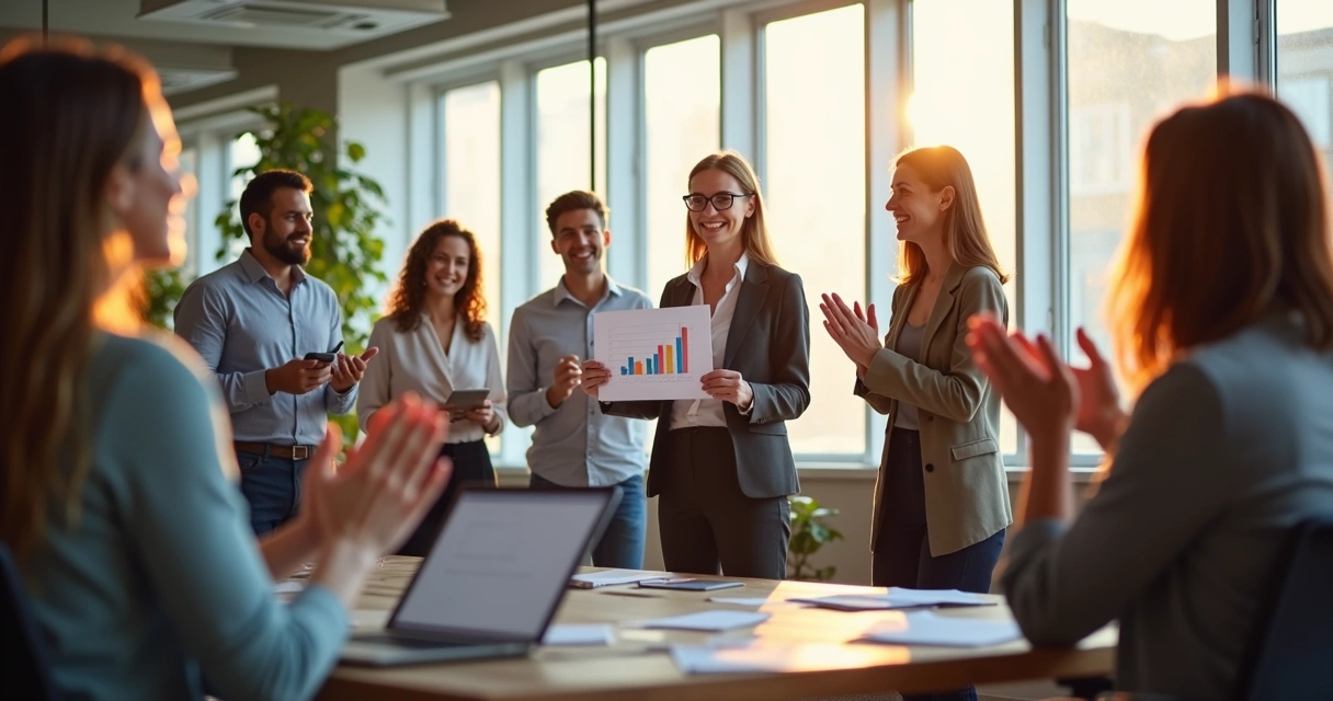 Equipe de trabalho celebrando resultado sob liderança feminina