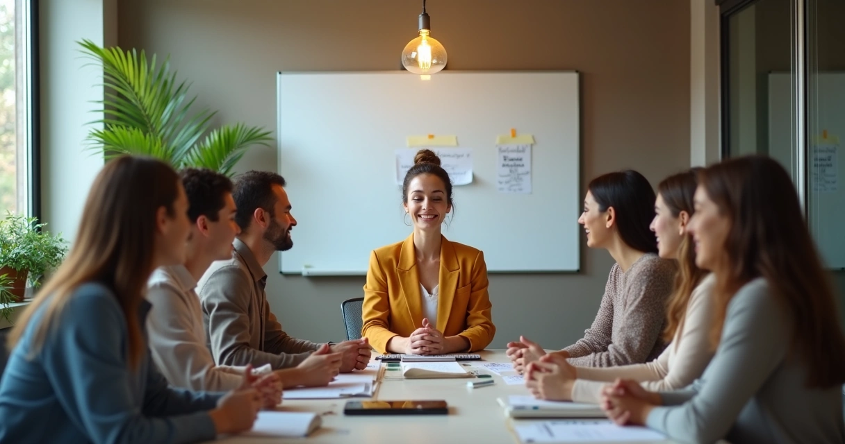 Reunión laboral con ambiente armonioso gracias a la meditación 