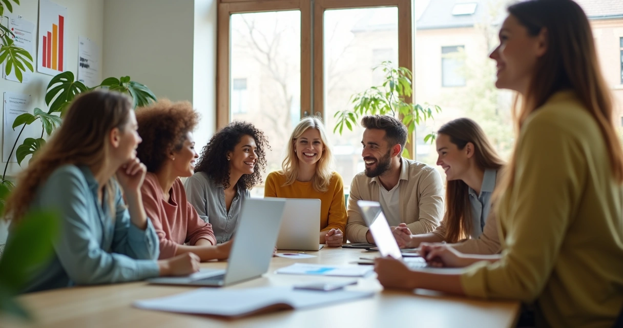 Impacto dos limites na organização e bem-estar de equipe, com gráfico crescente e equipe sorridente 