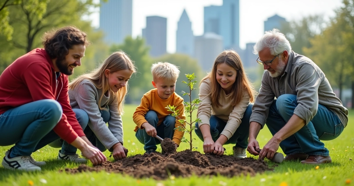 Grupos de pessoas de várias idades plantando árvores juntos