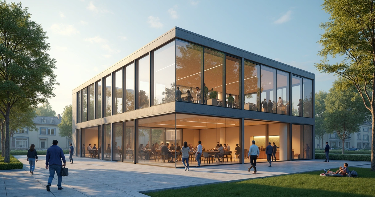 Edificio de oficinas con personas dentro y fuera mostrando impacto a la comunidad 