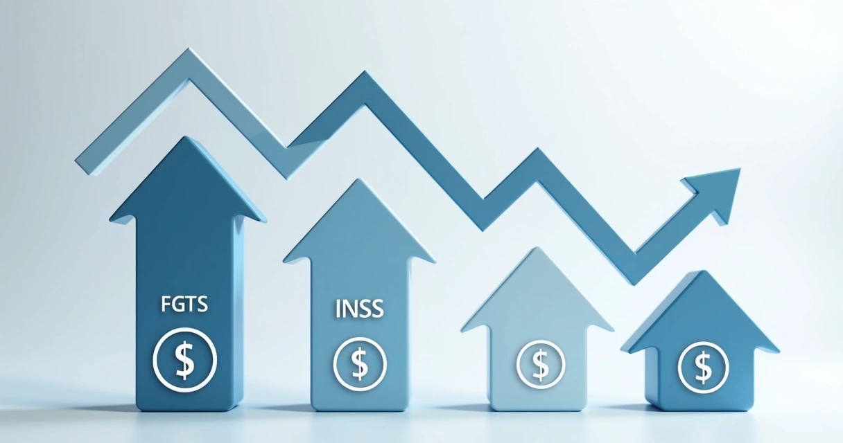 Infográfico com setas descendentes mostrando queda na arrecadação da previdência social 