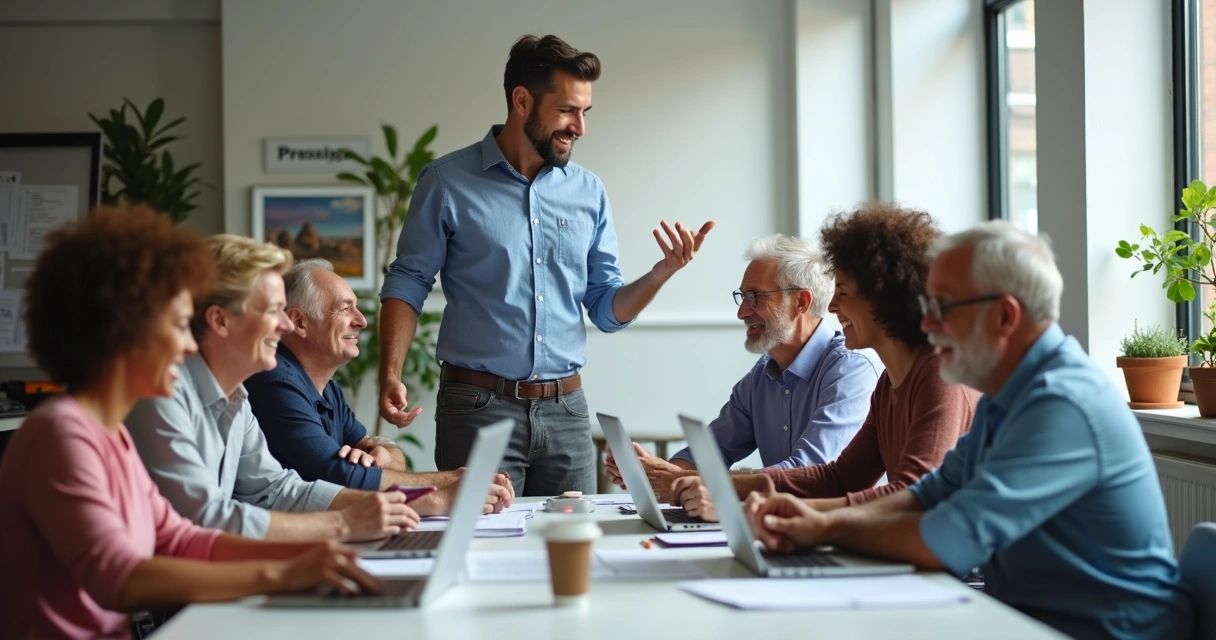 Persona ayuda a equipo de trabajo y todos sonríen 