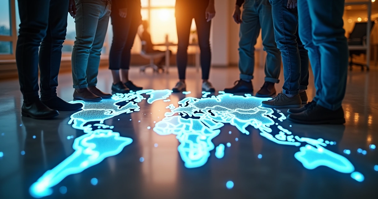 Grupo de pessoas de diferentes culturas conectados por linhas sobre o mapa-múndi 