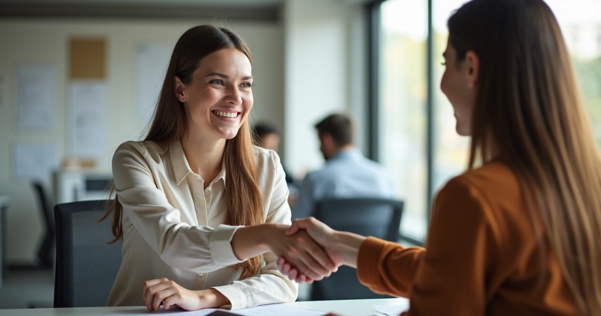 Profissional sorridente recebendo agradecimento de colega após ajudar em tarefa. 