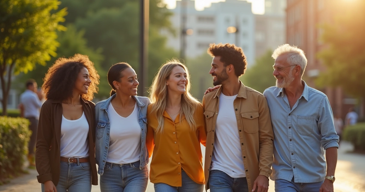 Grupo diverso de pessoas sorrindo e caminhando juntos 