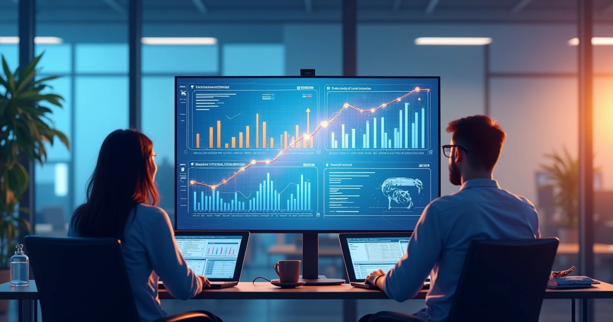 Equipe B2B analisando gráficos de crescimento após adoção de ERP integrado 